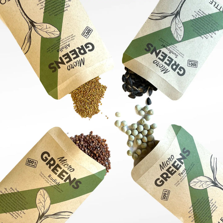 Micro greens seed sampler pack with multiple seed packets and loose seeds