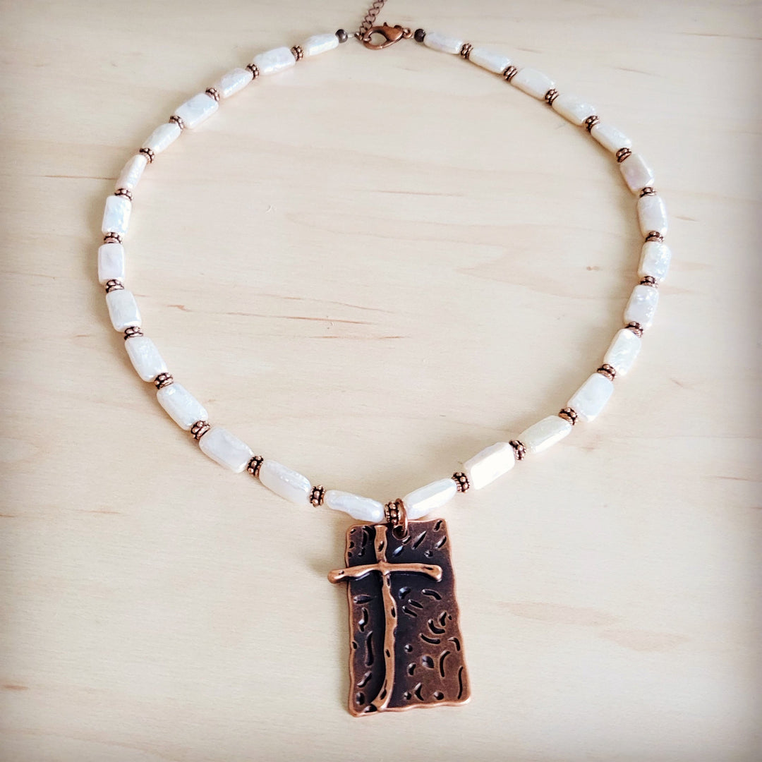 Freshwater pearl and copper-tone beaded necklace with large antique cross pendant