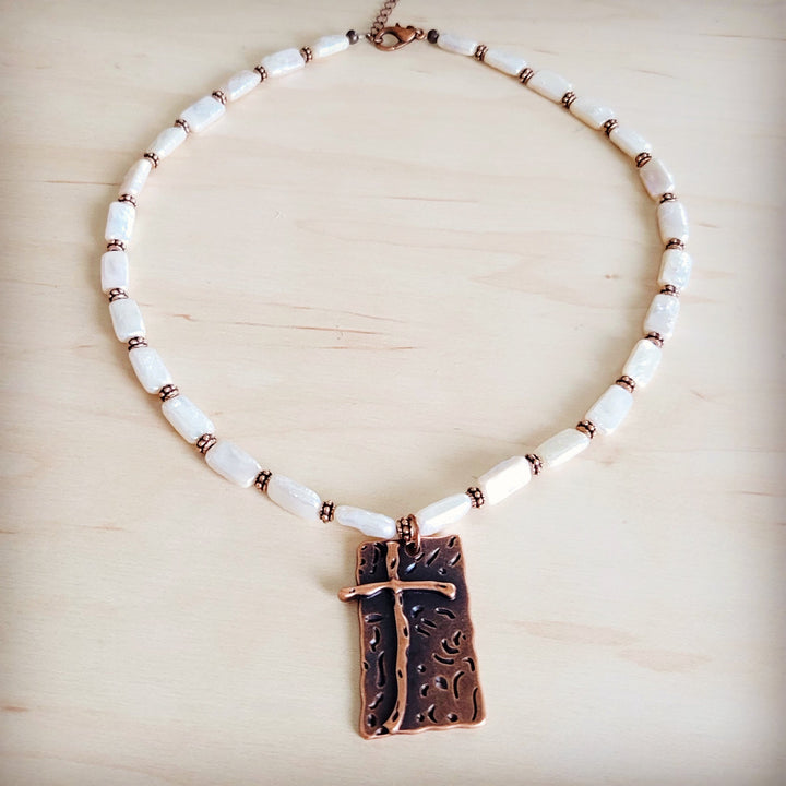 Freshwater pearl and copper-tone beaded necklace with large antique cross pendant