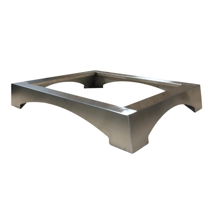 Stainless wood-fired oven base frame with four legs and open center