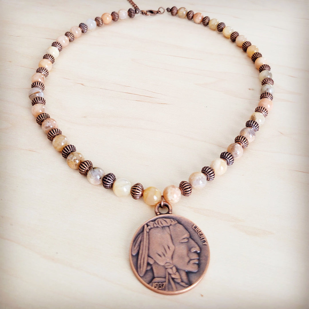 Agate bead necklace with Indian head coin pendant, copper-tone beaded spacing