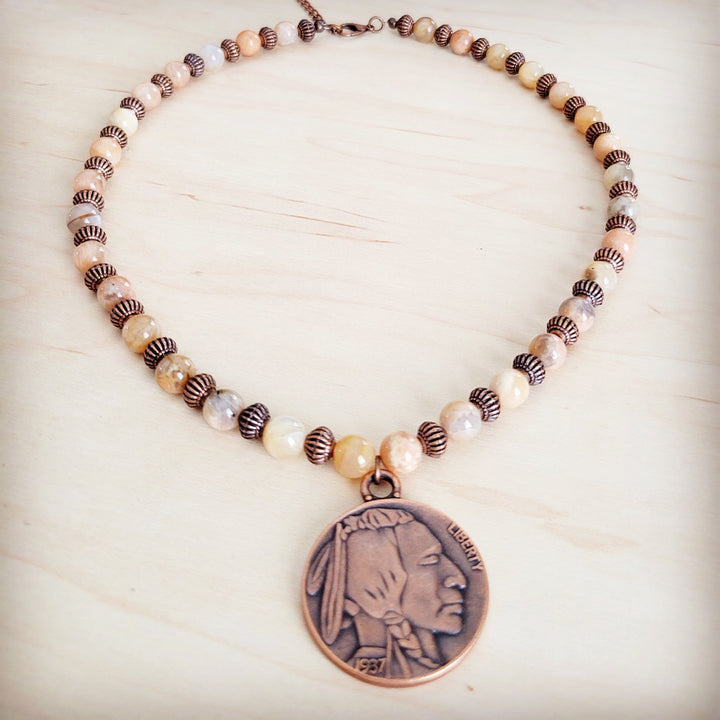 Agate bead necklace with Indian head coin pendant, copper-tone beaded spacing