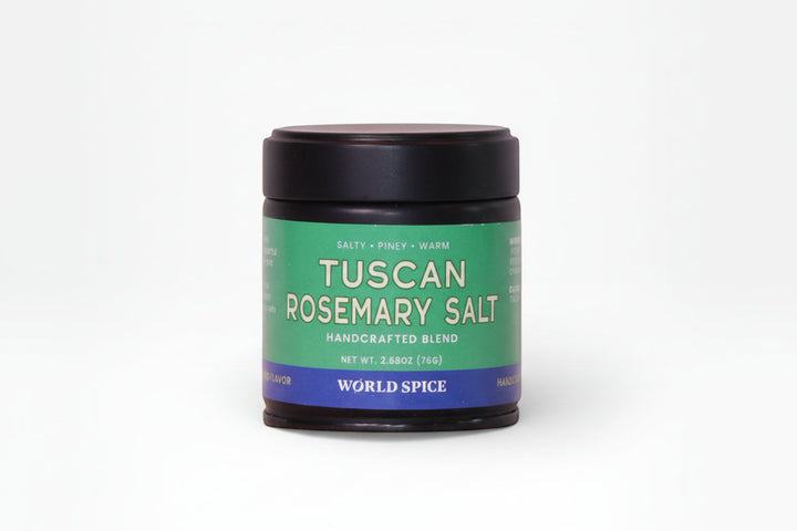 Tuscan rosemary salt jar with green and blue label, black lid