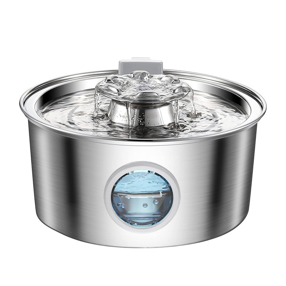 Stainless steel pet water dispenser with bubbling water fountain and blue oval window