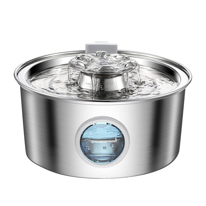 Stainless steel pet water dispenser with bubbling water fountain and blue oval window
