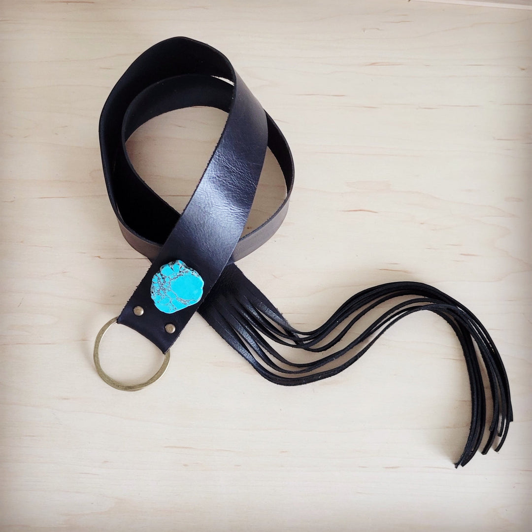 Black leather belt with turquoise inlay buckle, leather fringe ties