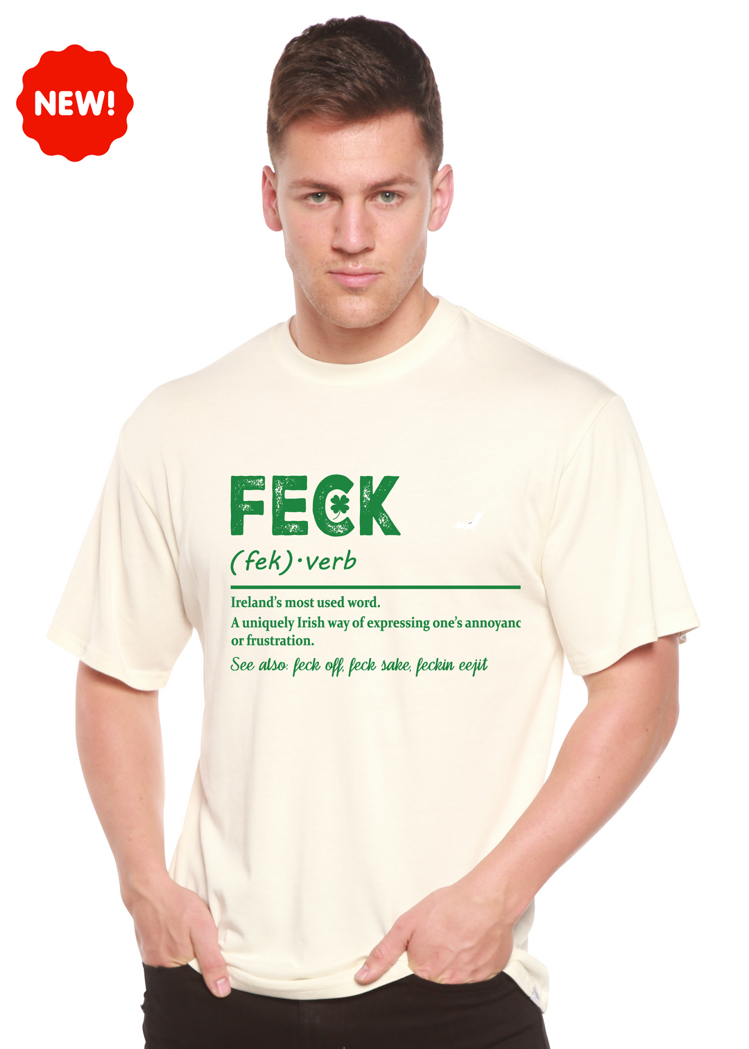 Off-white graphic T-shirt with green "FECK" text and small definition under the logo