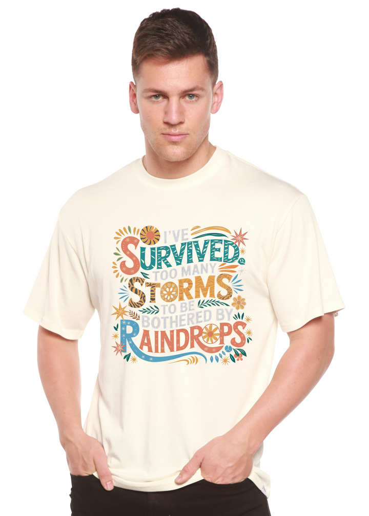 Unisex graphic t-shirt, off-white, colorful storm-themed front print.