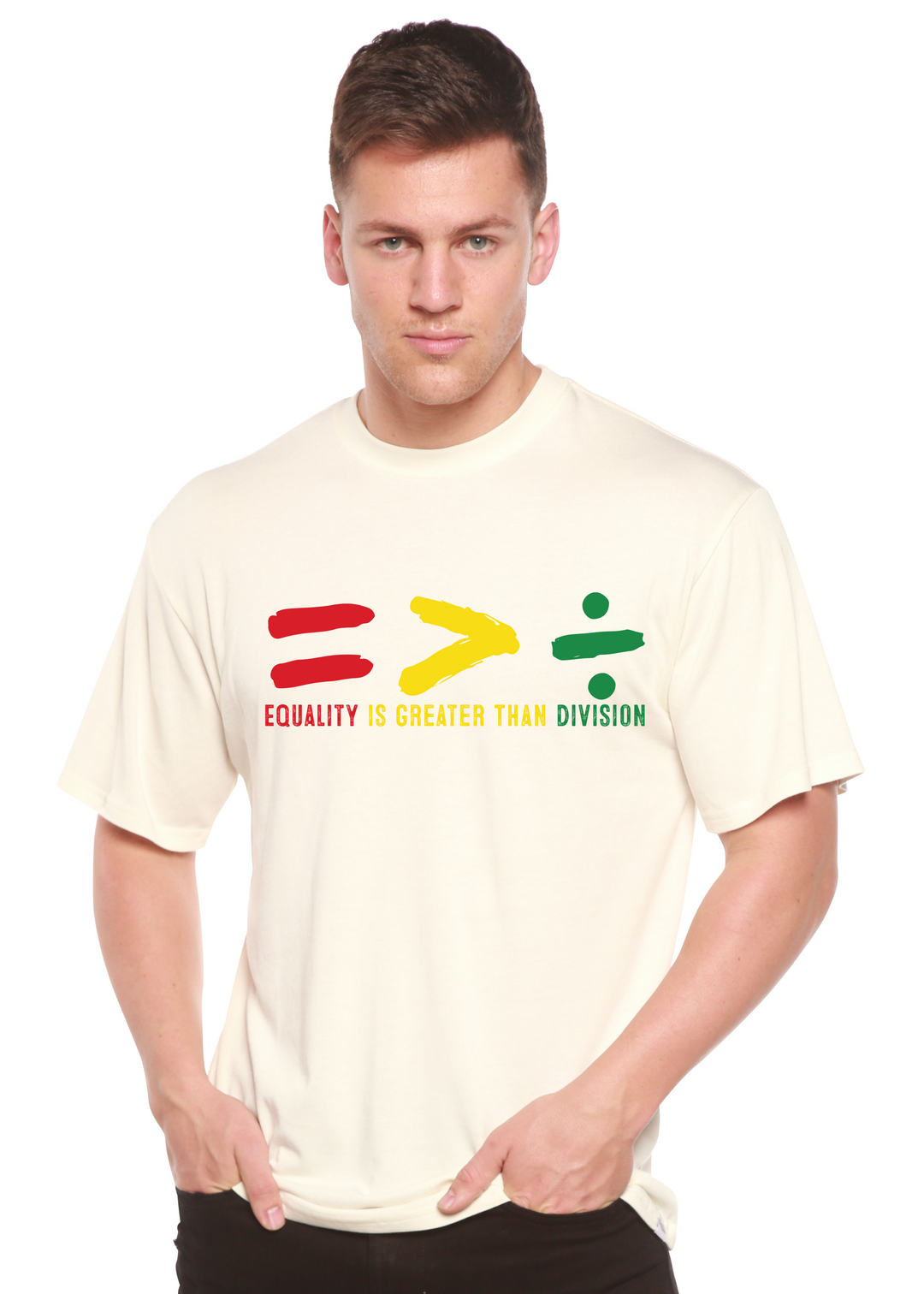 Off-white unisex crew-neck T-shirt with multicolor equality graphic and slogan.