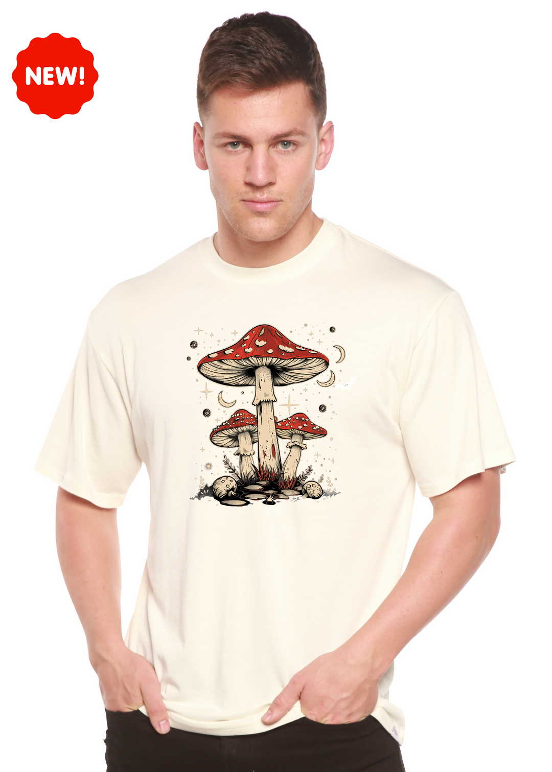 Natural unisex T-shirt with red-and-brown mushroom graphic on the chest