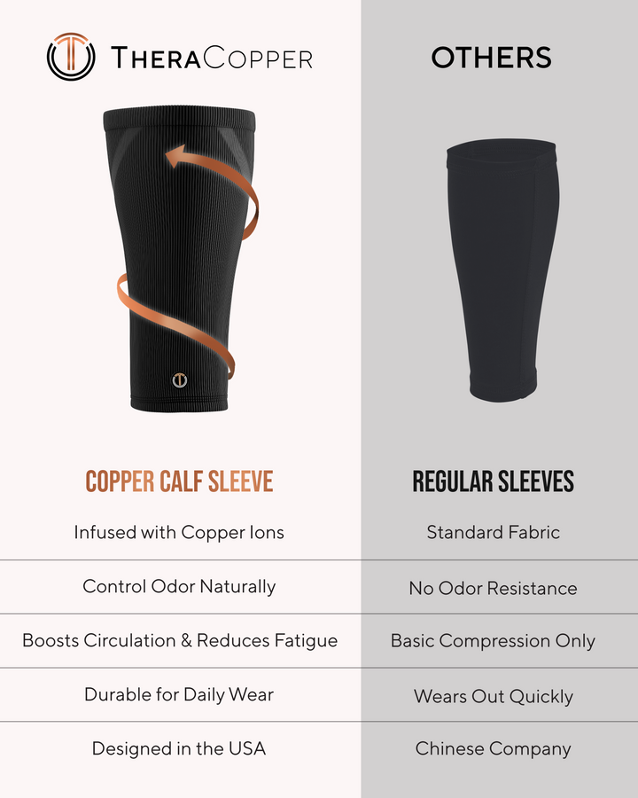 Black copper calf sleeve with orange arrow detail and ribbed texture