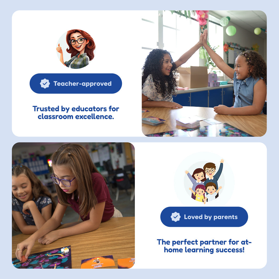 Teacher-approved learning scene with children working at a table with educational materials