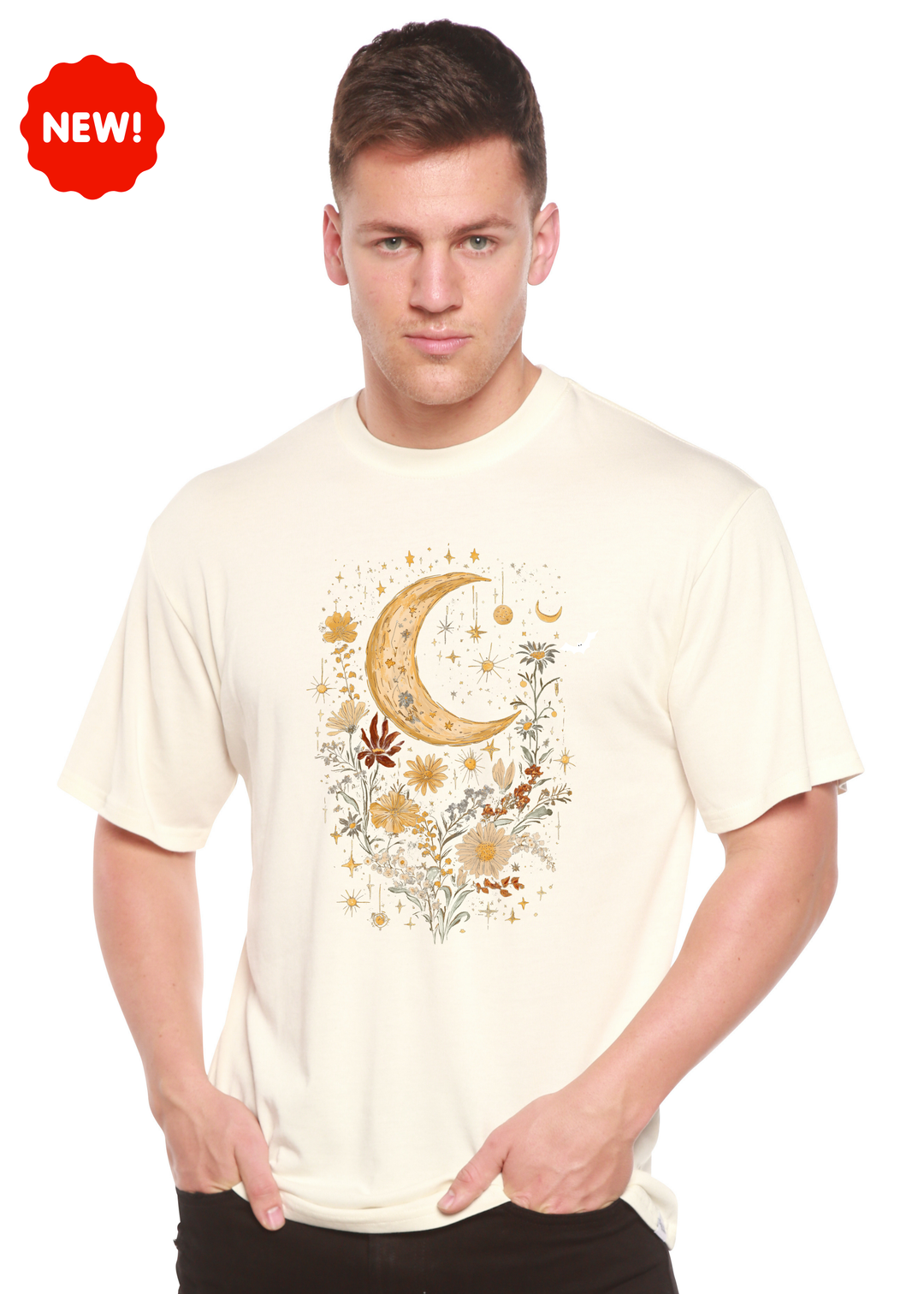 Unisex graphic T-shirt in off-white with gold crescent moon and floral print.