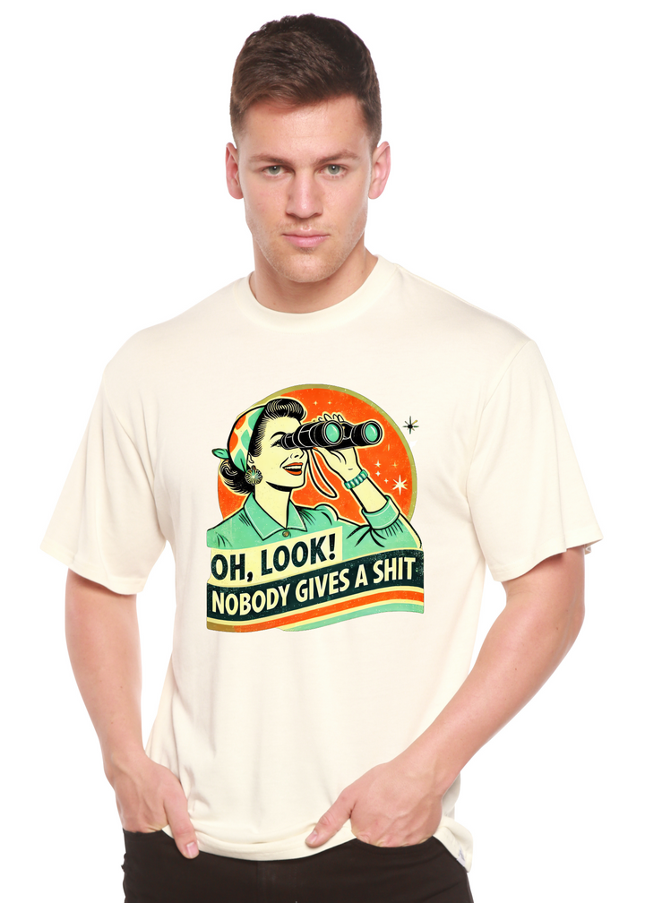 Cream unisex graphic T-shirt with retro woman holding binoculars.