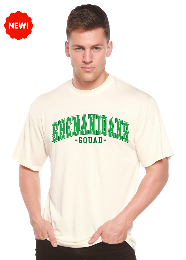 Unisex graphic T-shirt, off-white with green “Shenanigans Squad” logo on front.