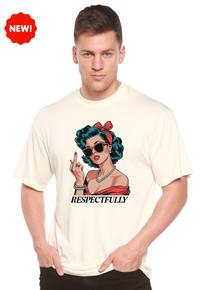 Unisex graphic T-shirt in off-white with illustrated woman and raised two-finger gesture