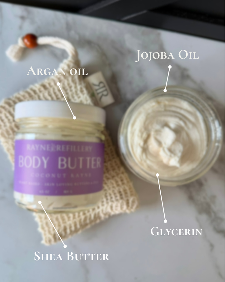 Top view body butter with labeled ingredients: shea butter, argan oil, jojoba oil, glycerin