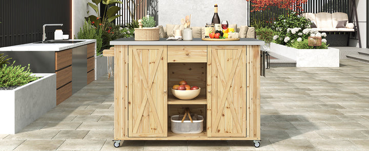 Fir Wood Kitchen Island with Stainless Steel Top