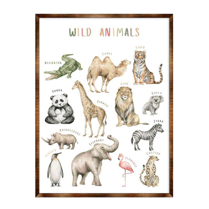 Framed wild animals poster with illustrated animals and title at the top