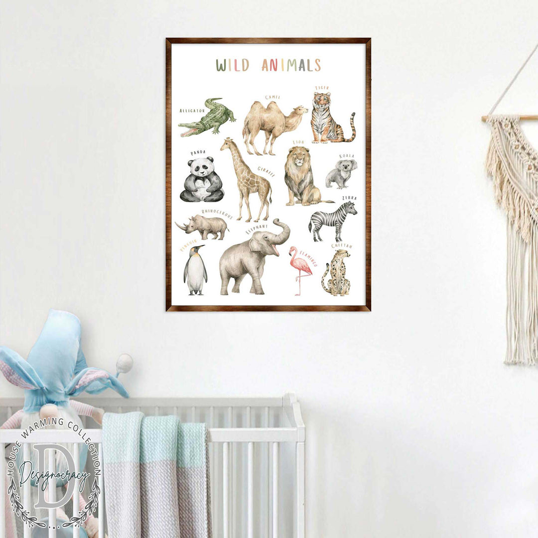 Framed wild animals poster with a grid of animal illustrations and "Wild Animals" text
