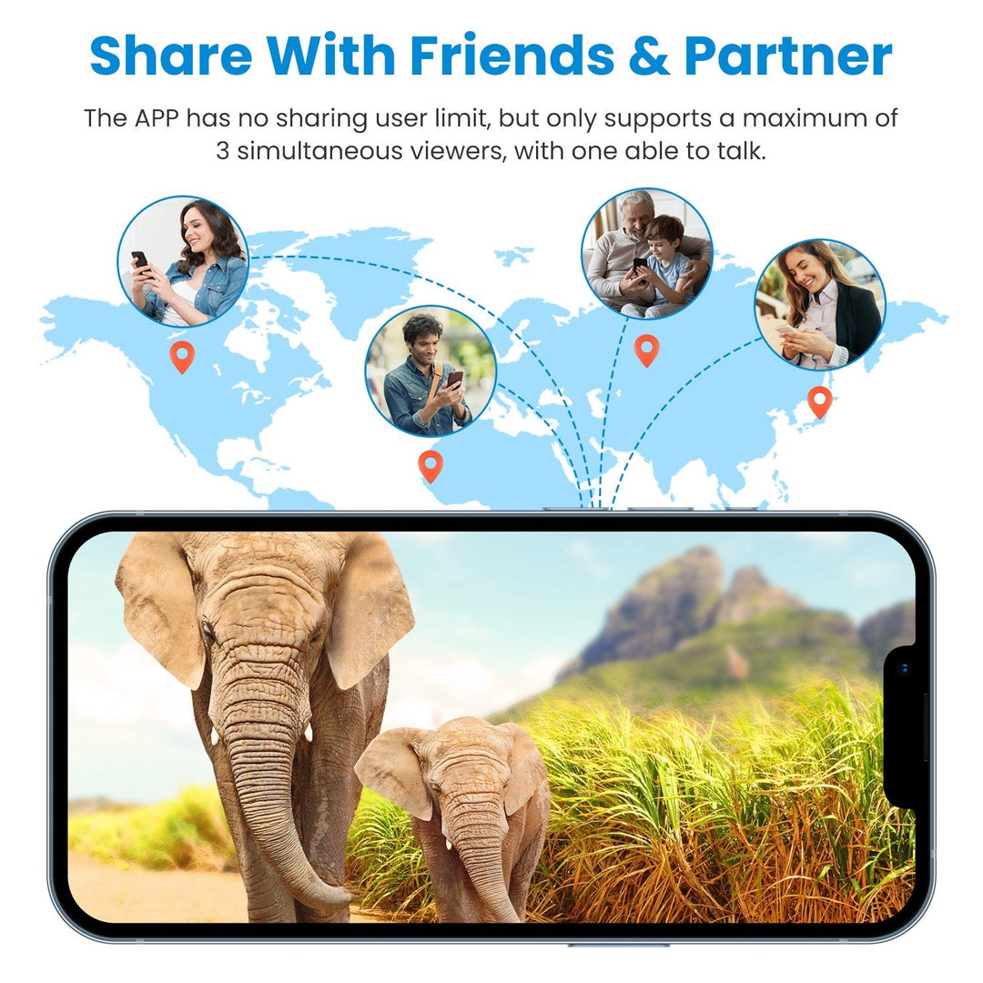Solar trail camera with app sharing on smartphone, showing multiple viewers and live talk
