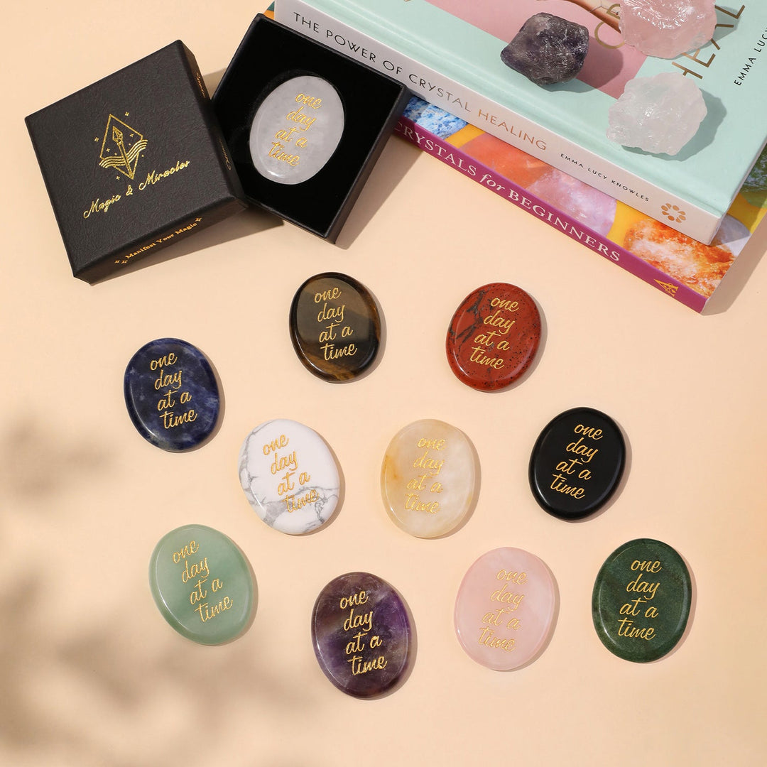 Set of pocket crystal stones in assorted colors with gold "one day at a time" text