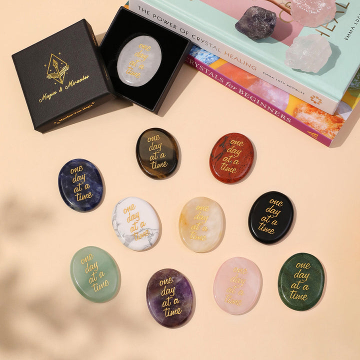 Set of pocket crystal stones in assorted colors with gold "one day at a time" text