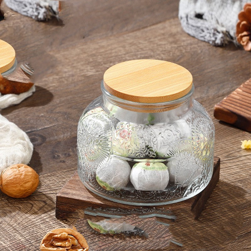 Etched Glass Storage Jar with Bamboo or Acacia Lid