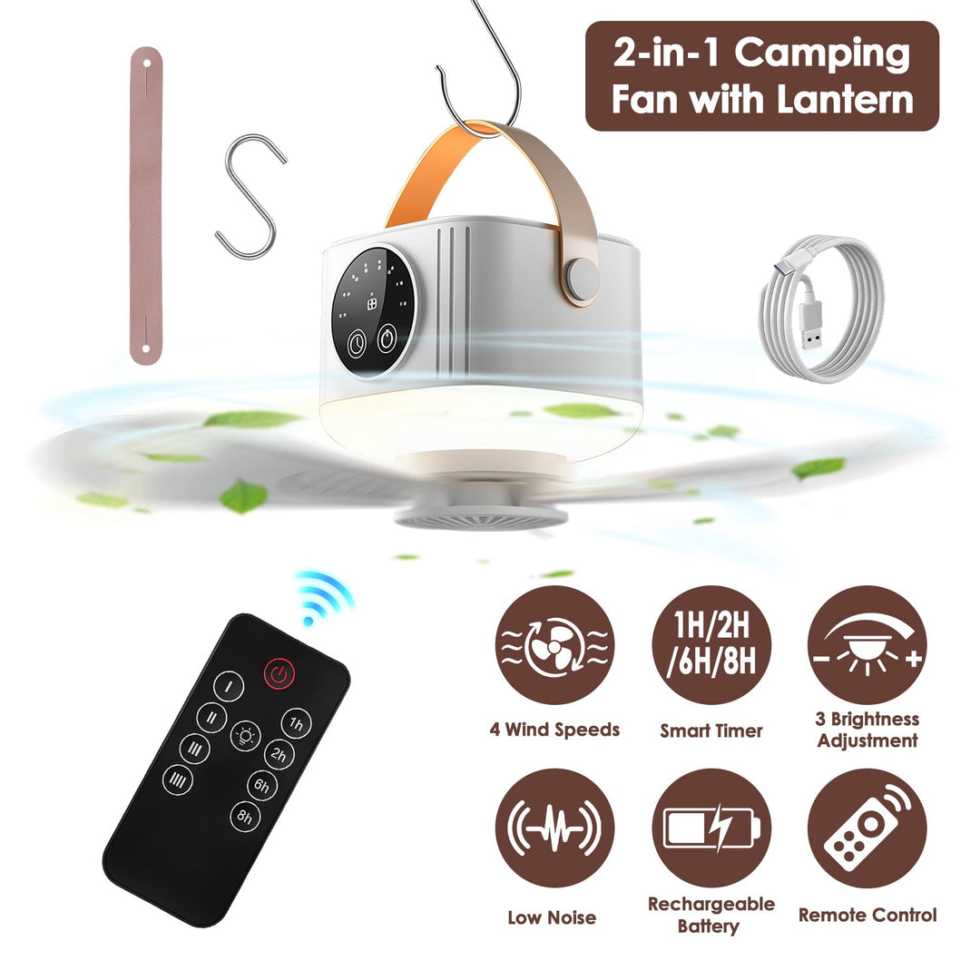 2-in-1 camping fan with lantern, white fan head, orange handle, remote, and hanging accessories