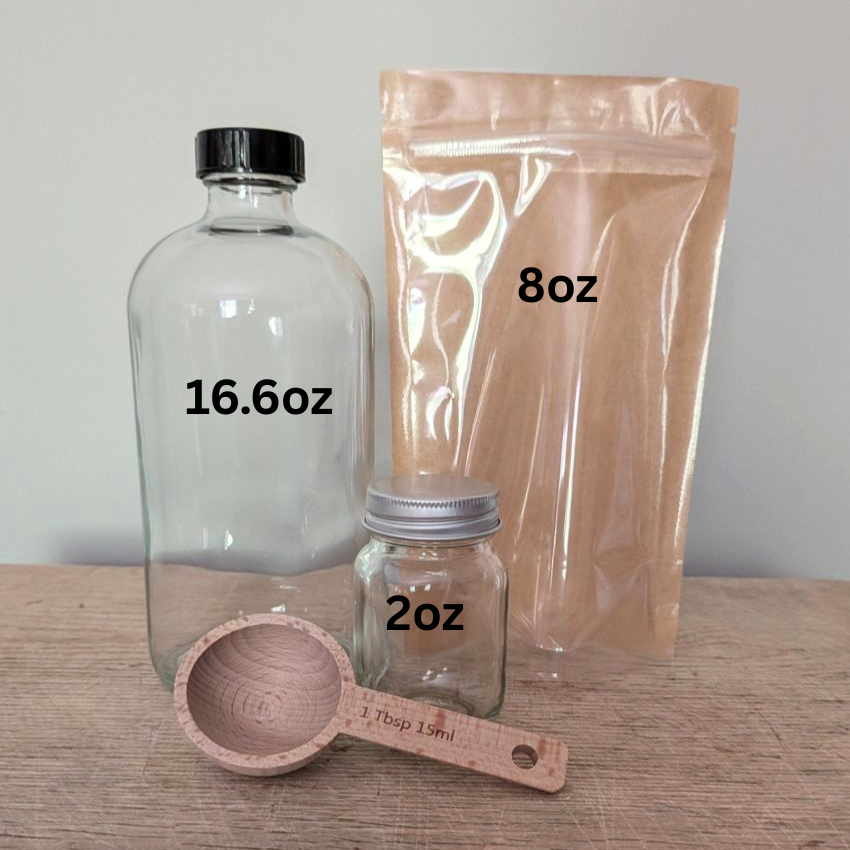 Aromatherapy bath salts set: 16.6oz bottle, 2oz jar, 8oz pouch, wooden measuring scoop.