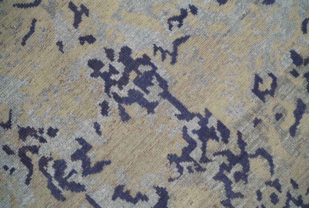 8x10 Beige, Blue and Silver Antique Style, Abstract Hand Knotted Low pile Wool Area Rug