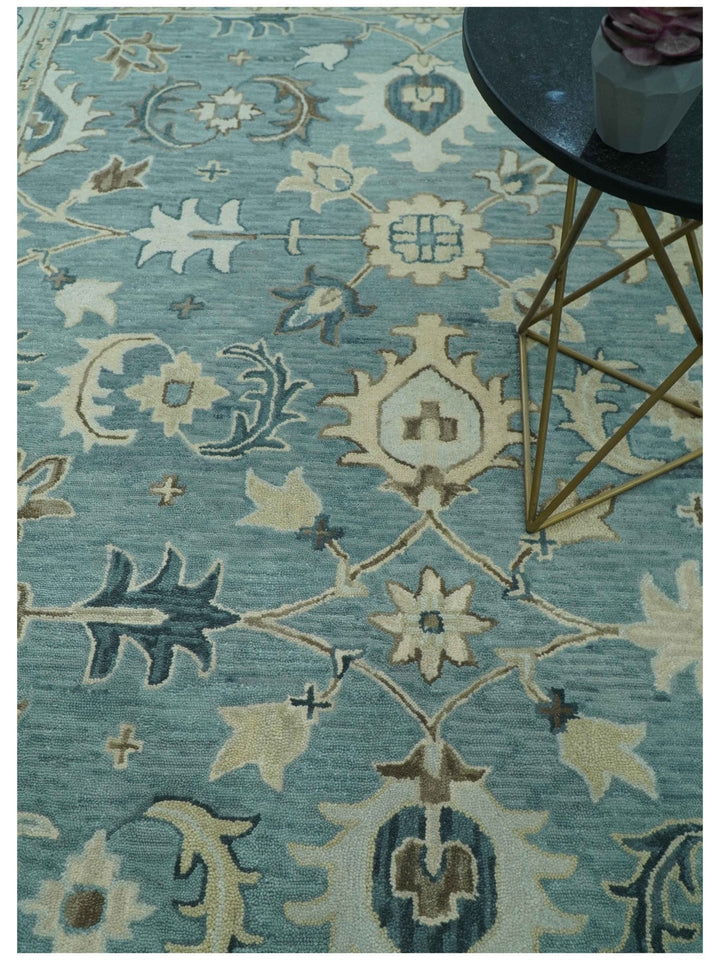 8x10 Blue, Ivory and Beige Hand Tufted Oriental Oushak wool area rug