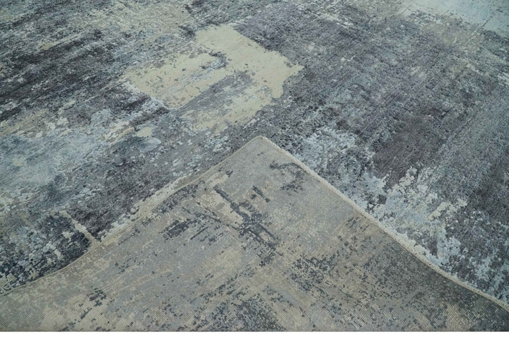 8x10 Charcoal, Beige and Gray Modern Abstract Distressed Finish High Low texture Hand Knotted Rug