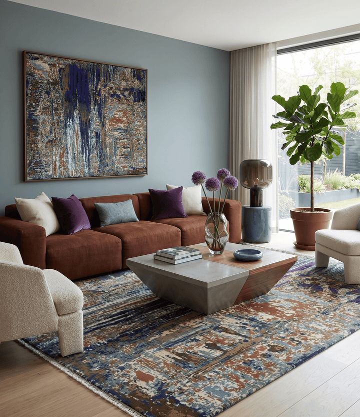 8x10 Fine Hand Knotted Blue And Brown Modern Abstract Wool and Bamboo Silk Area Rug
