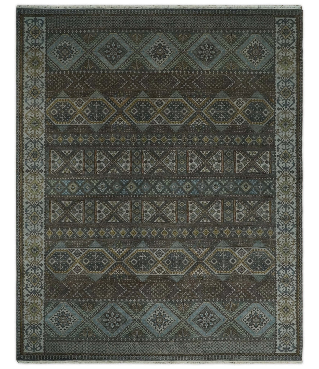 8x10 Fine Hand Knotted Brown and Blue Southwestern Traditional Antique Area Rug