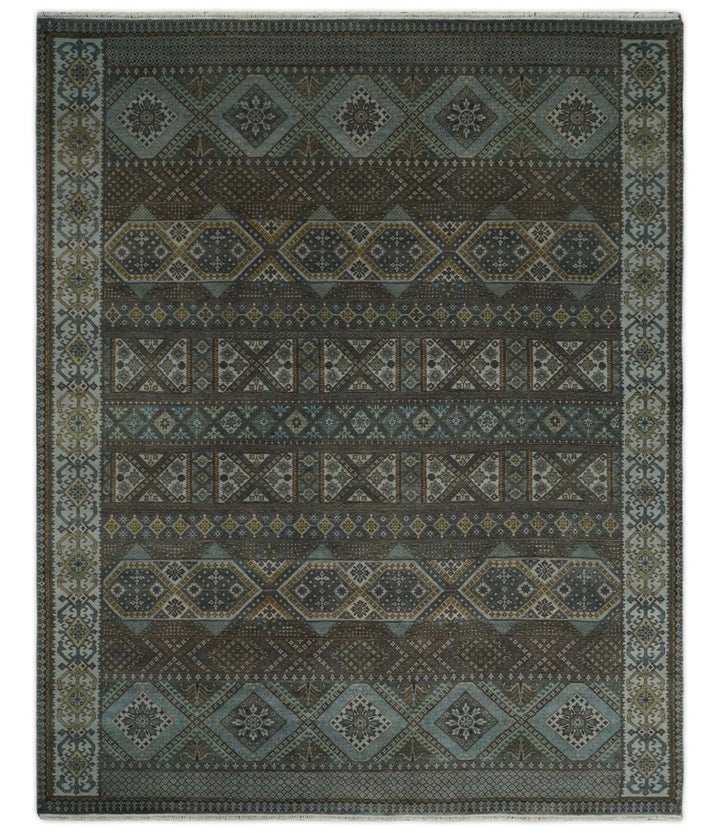 8x10 Fine Hand Knotted Brown and Blue Southwestern Traditional Antique Area Rug