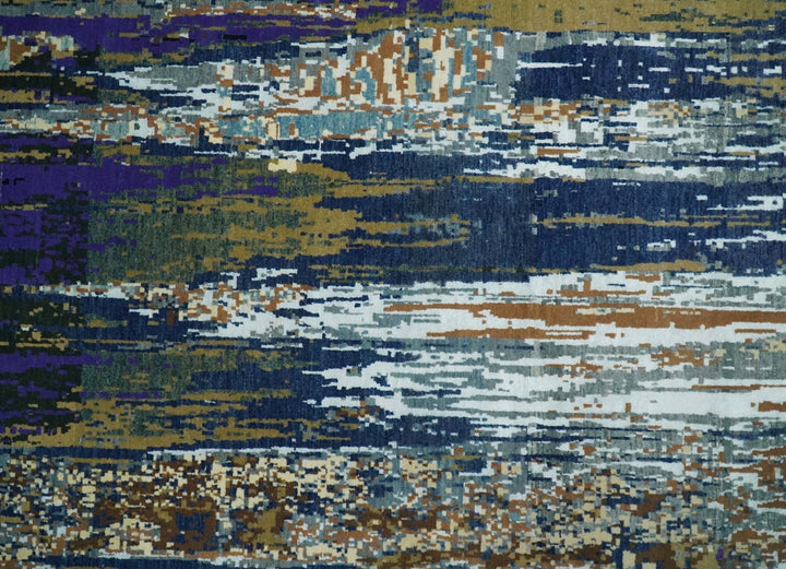 8x10 Fine Hand Knotted Blue And Brown Modern Abstract Wool and Bamboo Silk Area Rug