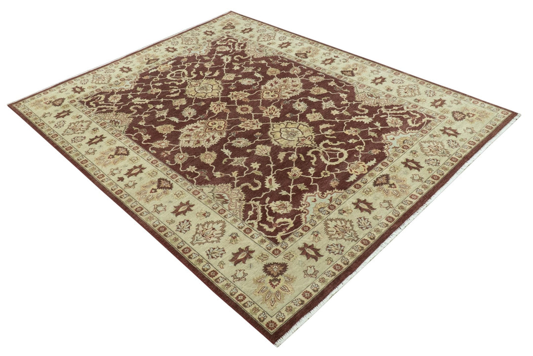 8X10 Fine Hand Knotted Rust And Gold Traditional Design Wool Rug