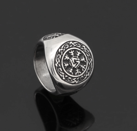 Polished stainless steel Viking ring with circular Valknut and tree motif