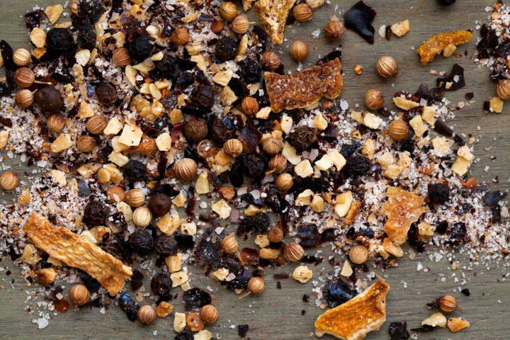 Beef rub seasoning blend with dark spices, herbs, and coarse bits