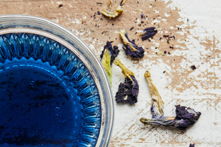 Glass cup of deep blue butterfly pea tea with dried petals floating