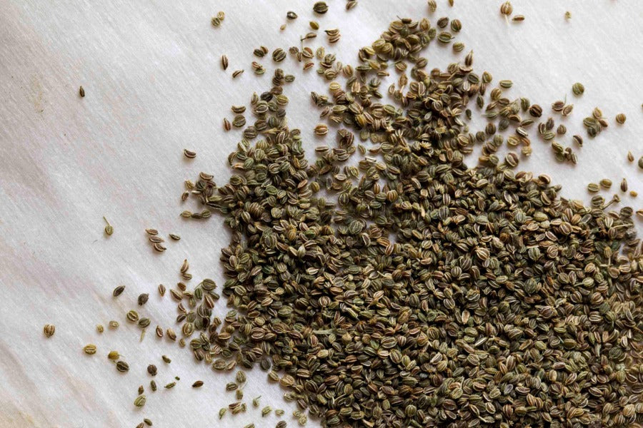 Whole celery seed pile on a light surface