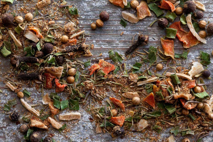 Jerk seasoning blend of herbs and spices scattered in a loose mix