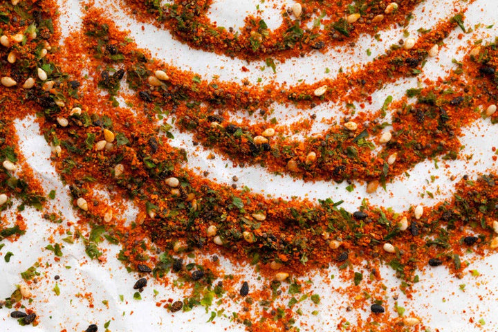 Togarashi seasoning blend sprinkle with red-orange and green flecks