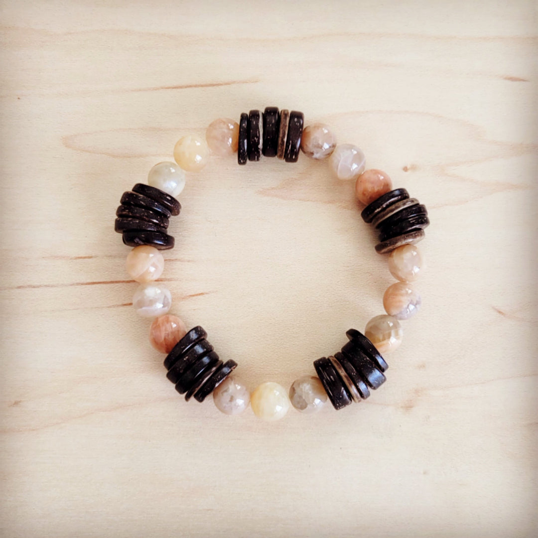 Natural Agate and Wood Beaded Stretch Bracelet 811n