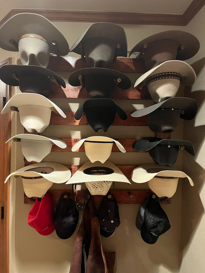 Wall-hanging hat organizer with layered hooks, black and beige hanging hats