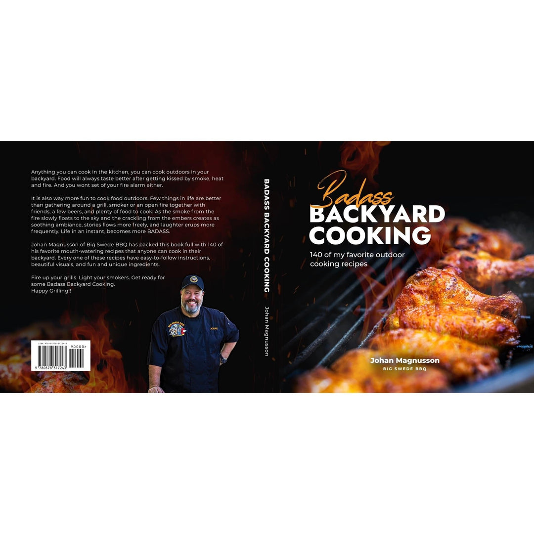 Back of backyard cooking cookbook with author photo and grilled meat cover art