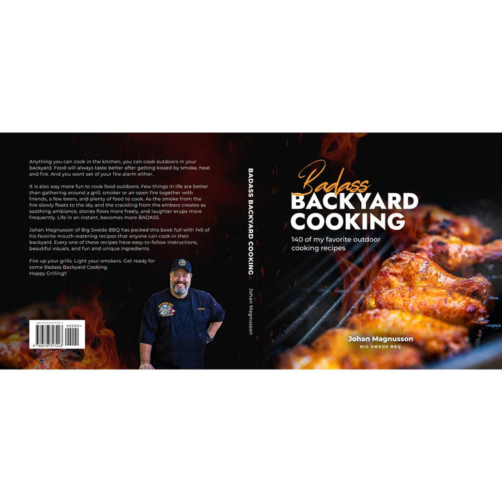 Back of backyard cooking cookbook with author photo and grilled meat cover art
