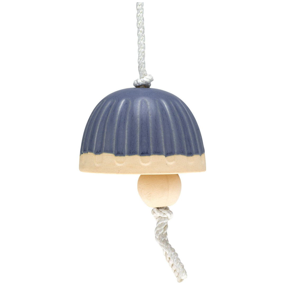 Cobalt blue ceramic mushroom bell wind chime with braided cord hanger