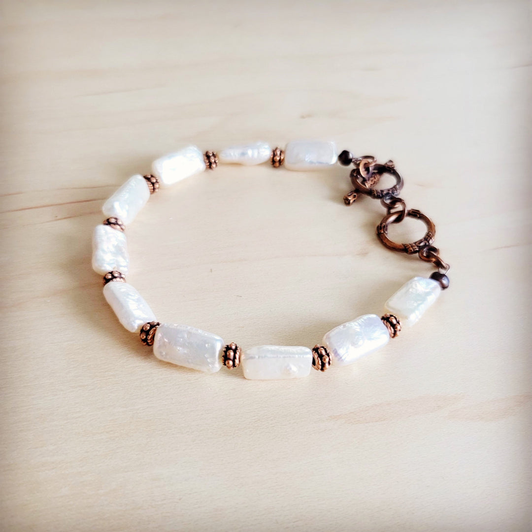 Rectangle freshwater pearl bracelet with copper-tone bead accents and toggle clasp